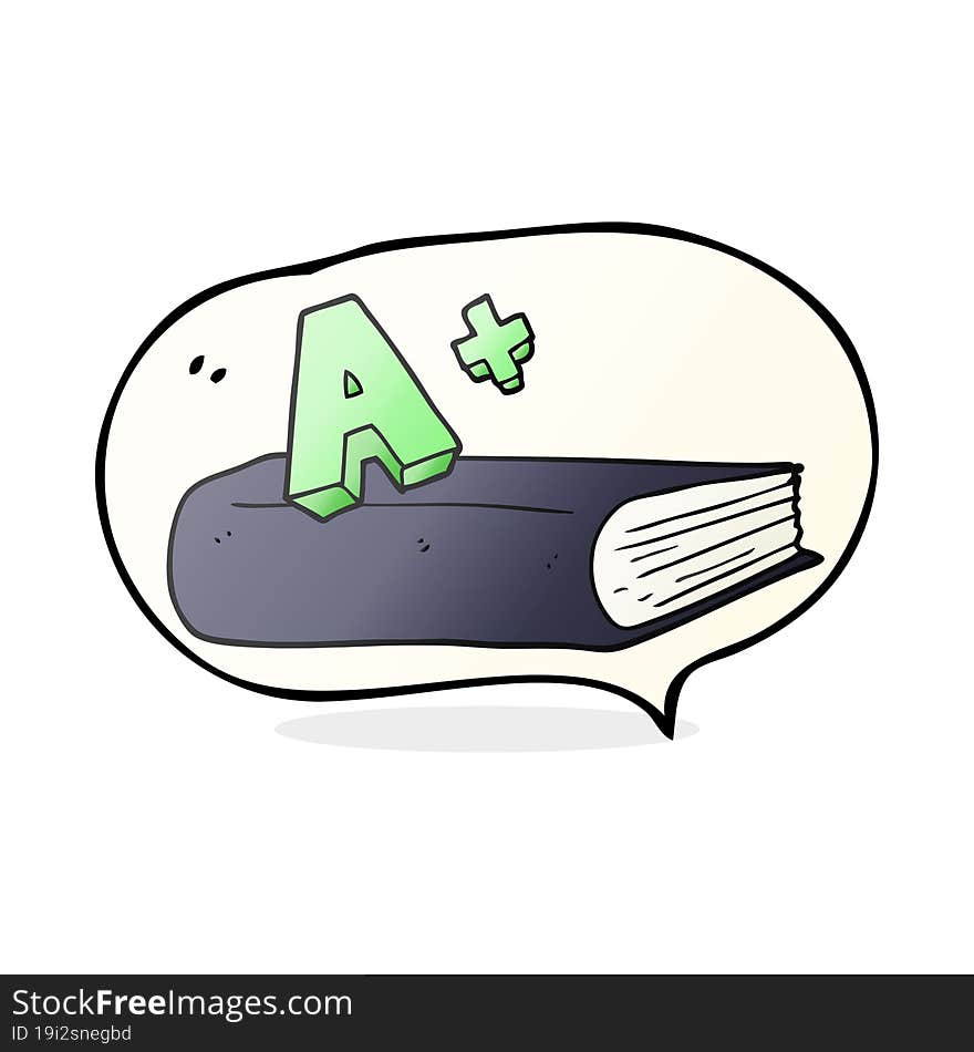 freehand drawn speech bubble cartoon A grade symbol and book