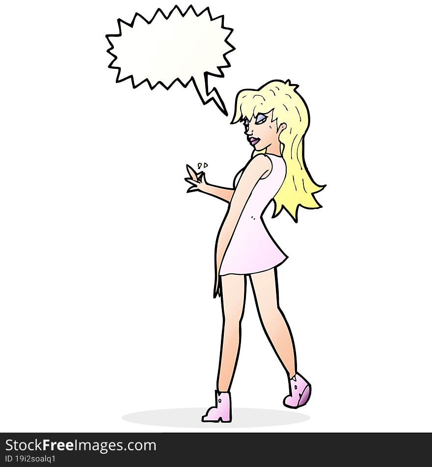 cartoon woman posing in dress with speech bubble