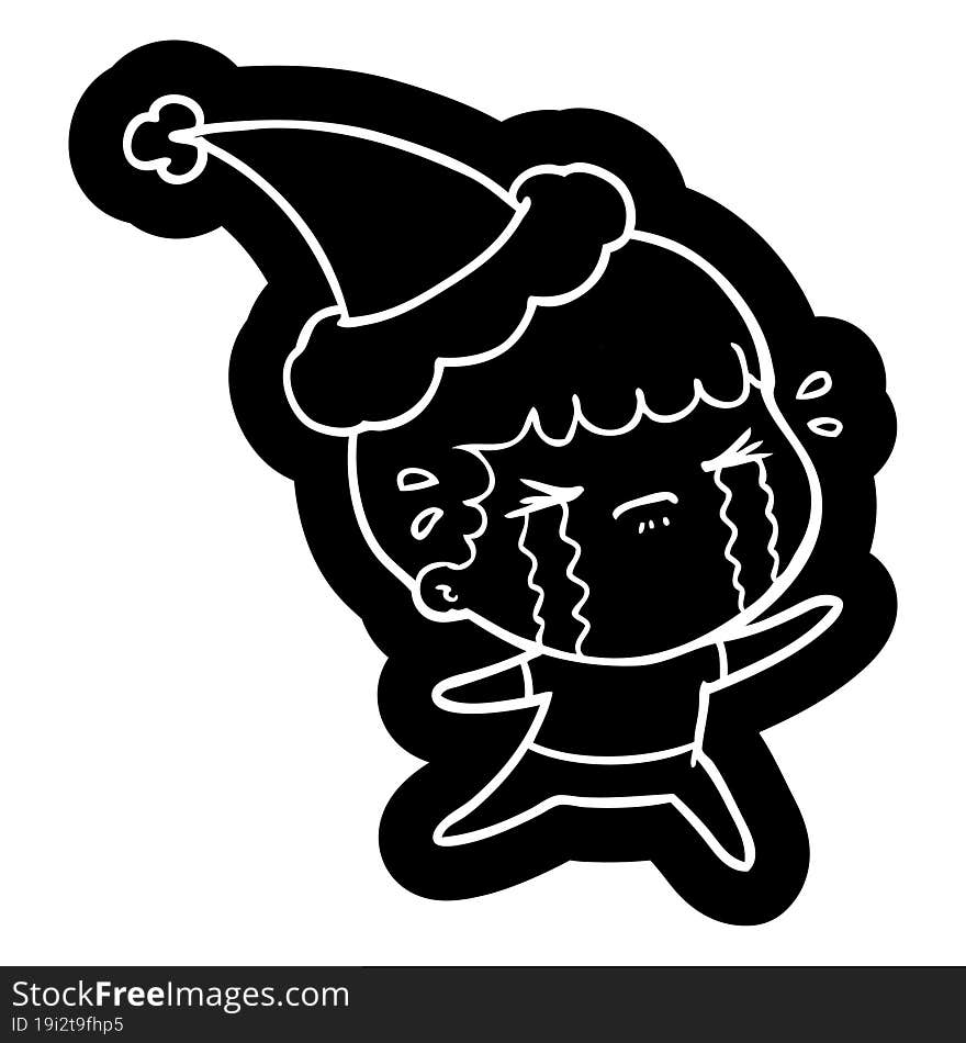 quirky cartoon icon of a man crying wearing santa hat