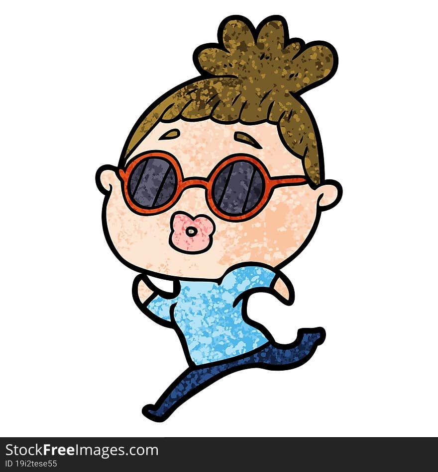 cartoon woman running wearing sunglasses. cartoon woman running wearing sunglasses