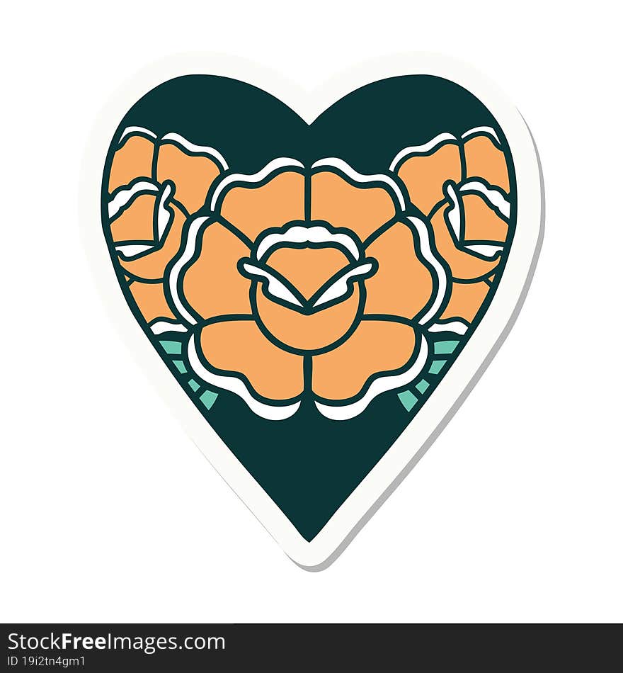 sticker of tattoo in traditional style of a heart and flowers. sticker of tattoo in traditional style of a heart and flowers