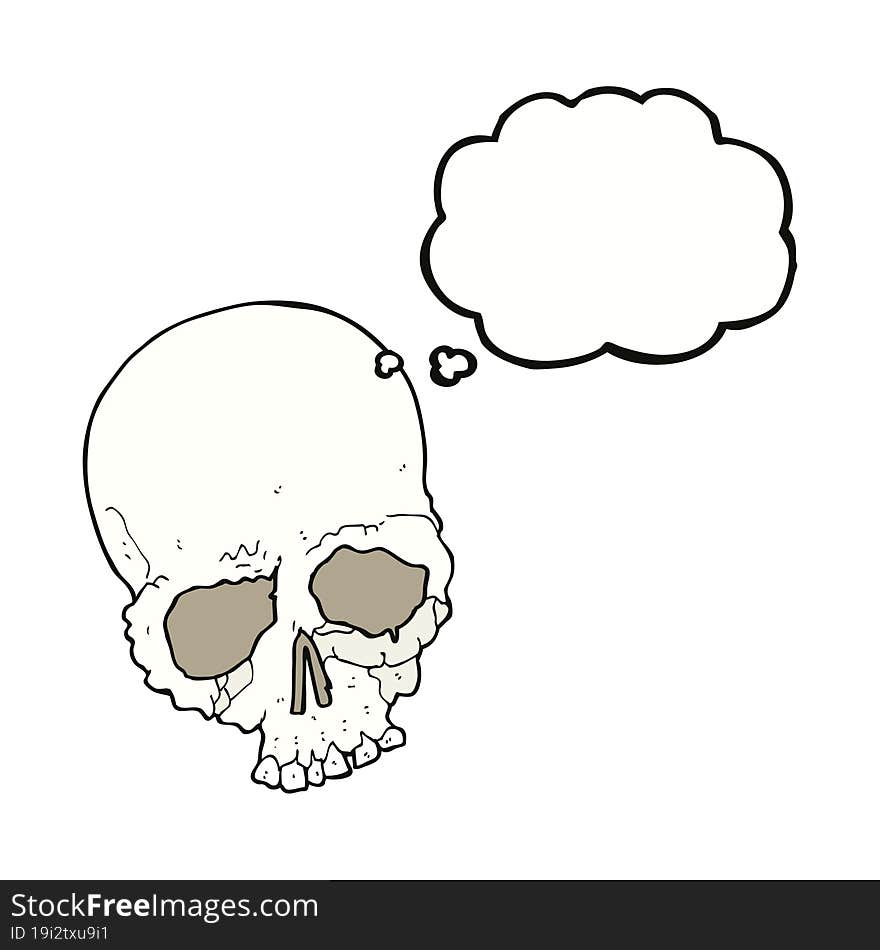 cartoon spooky old skull with thought bubble