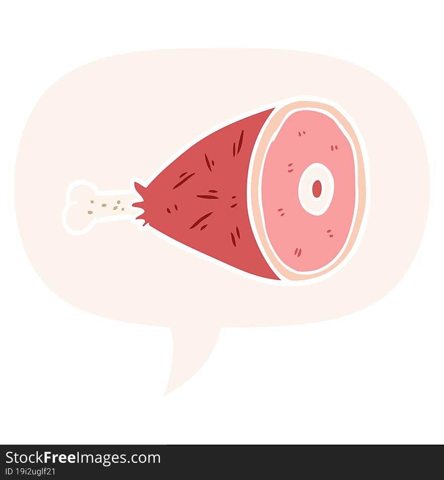 cooked cartoon leg of meat and speech bubble in retro style