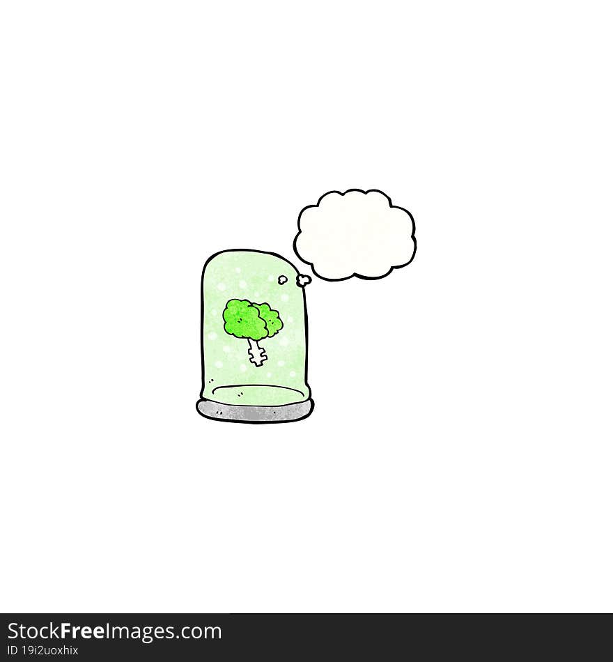 cartoon brain in jar with thought bubble