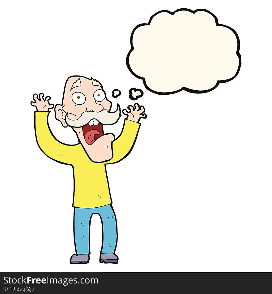 cartoon old man getting a fright with thought bubble