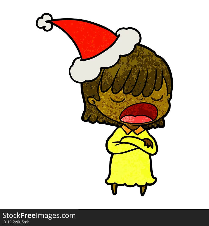 textured cartoon of a woman talking loudly wearing santa hat