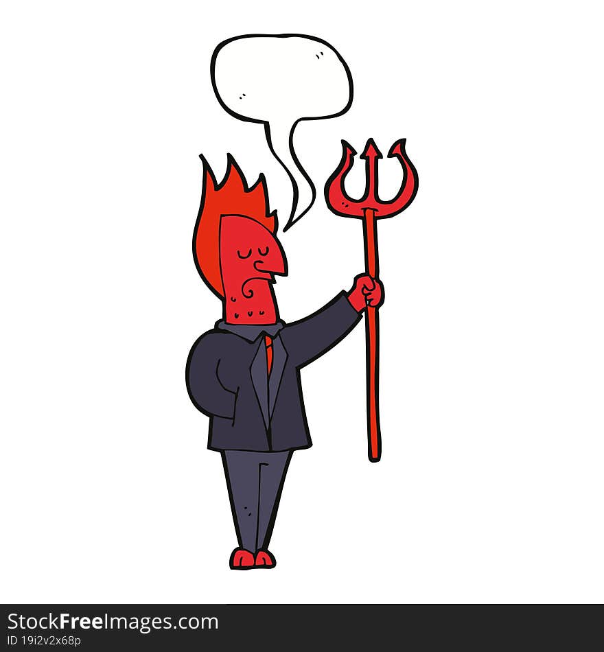 cartoon devil with pitchfork with speech bubble