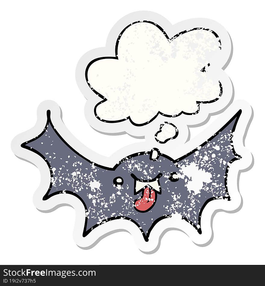 cartoon vampire bat and thought bubble as a distressed worn sticker