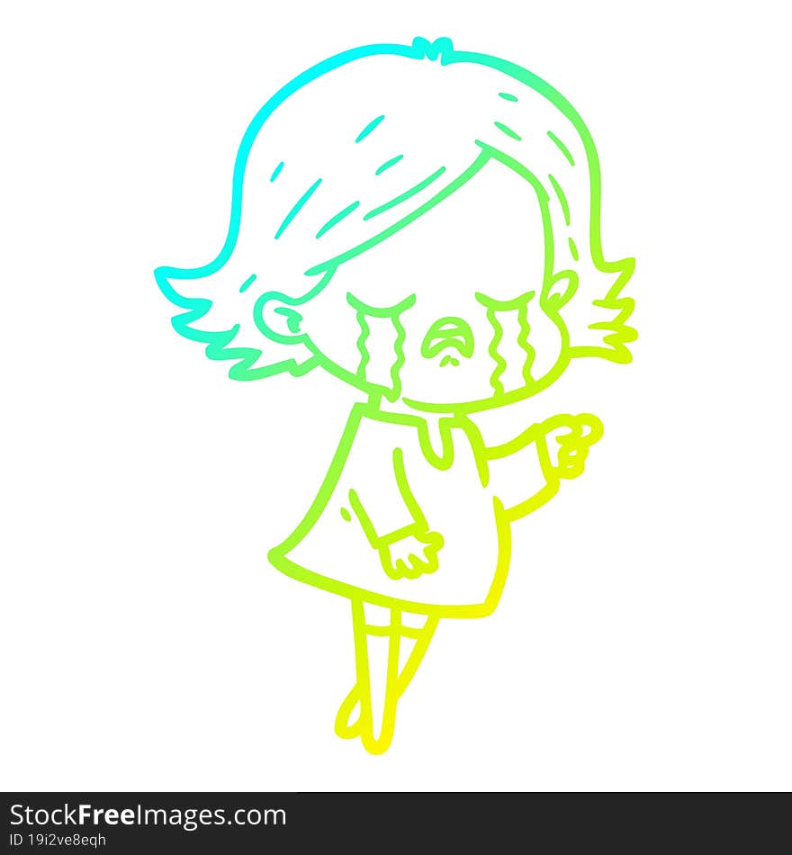 cold gradient line drawing of a cartoon girl crying