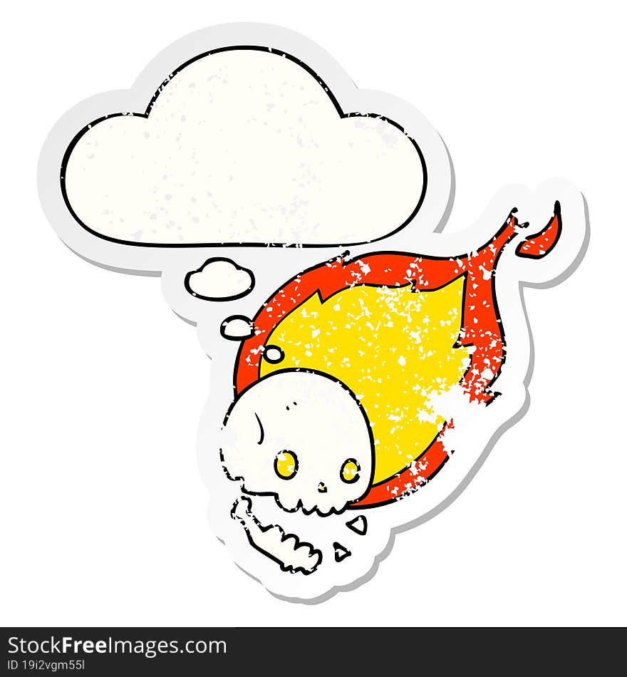 spooky cartoon flaming skull and thought bubble as a distressed worn sticker