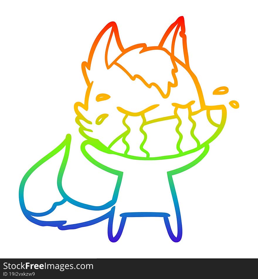 rainbow gradient line drawing of a cartoon crying wolf