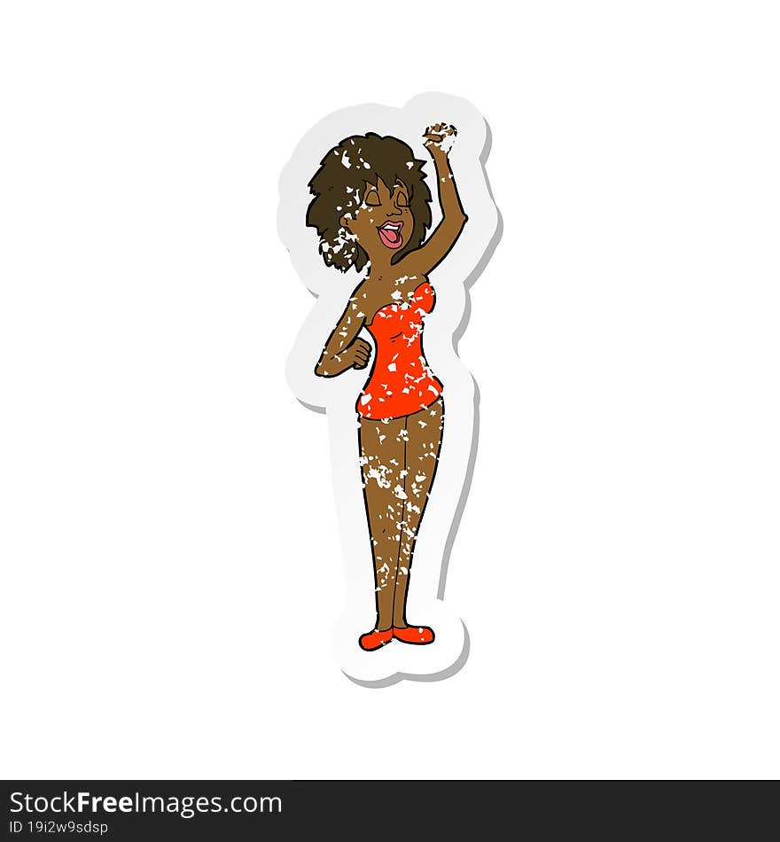 retro distressed sticker of a cartoon dancing woman