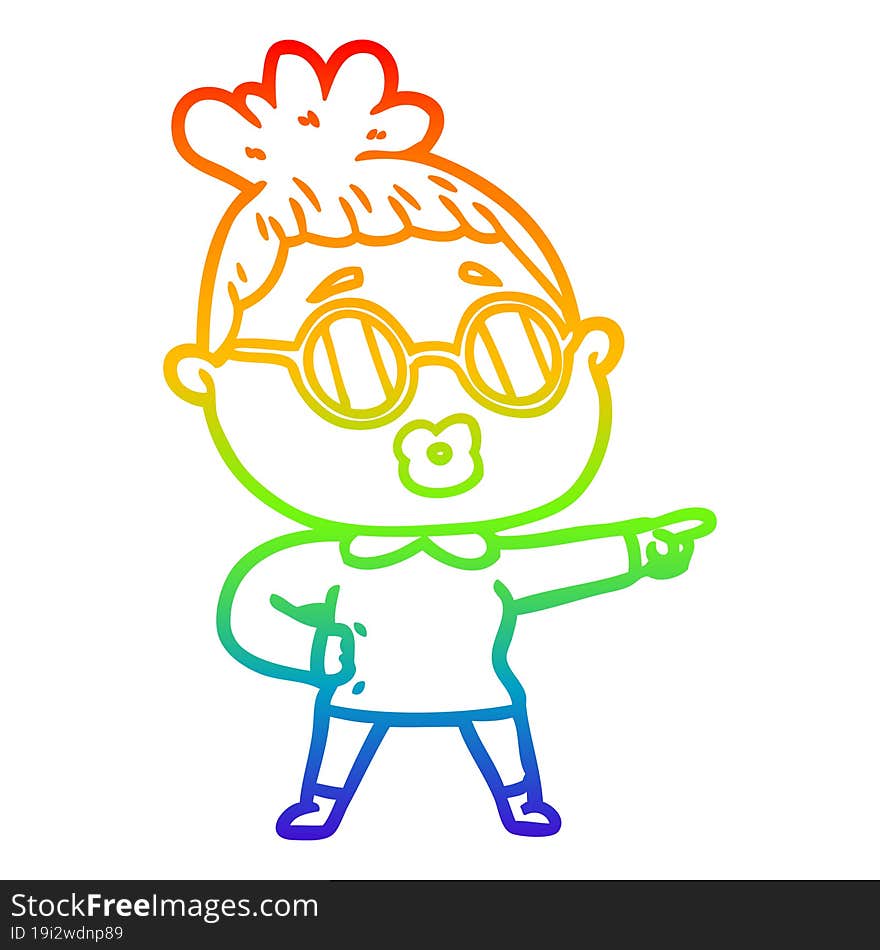 rainbow gradient line drawing cartoon pointing woman wearing spectacles