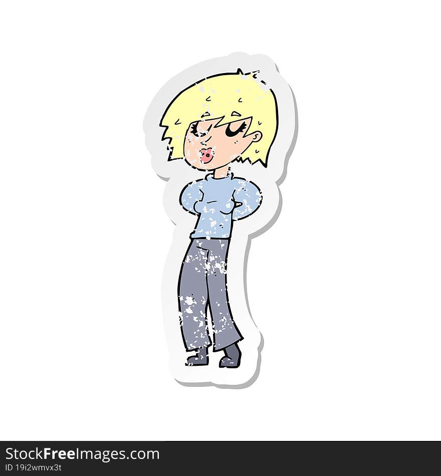 retro distressed sticker of a cartoon woman whistling