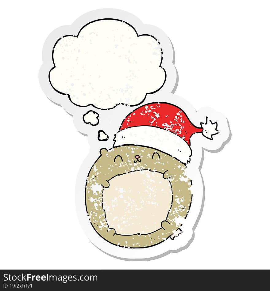 Cute Cartoon Christmas Bear And Thought Bubble As A Distressed Worn Sticker