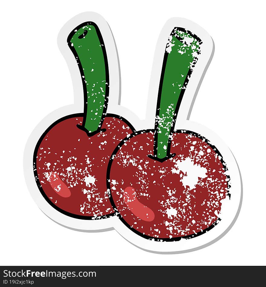 distressed sticker of a quirky hand drawn cartoon cherries