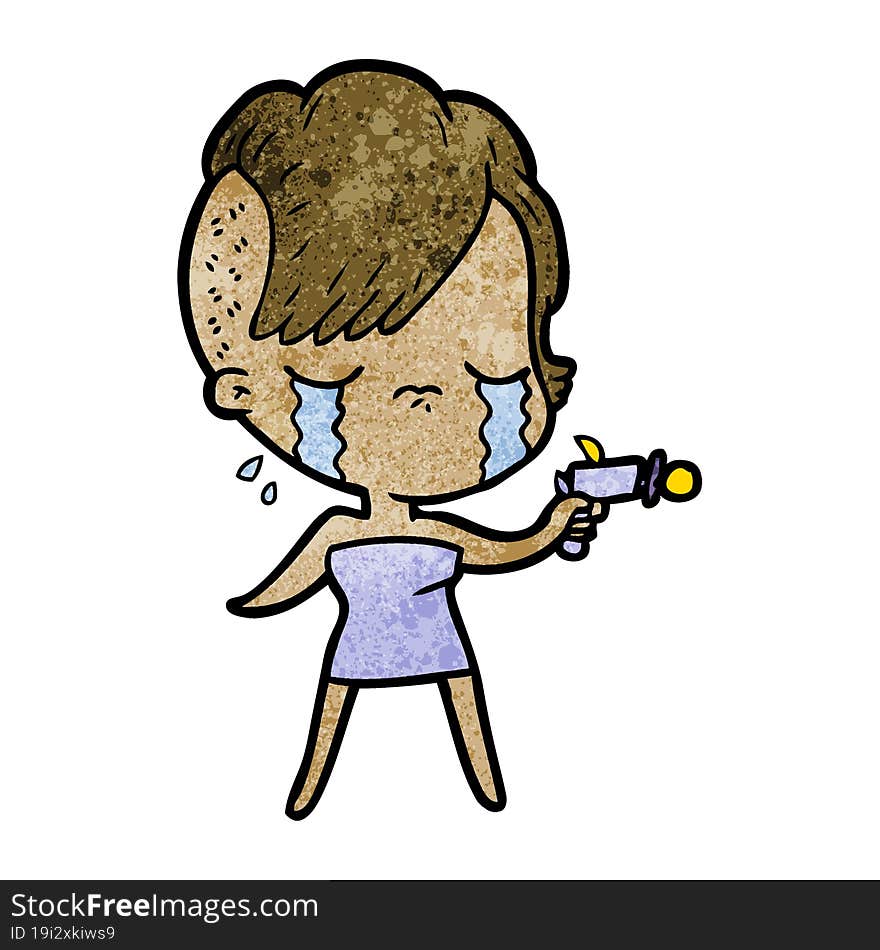 cartoon crying girl pointing ray gun. cartoon crying girl pointing ray gun