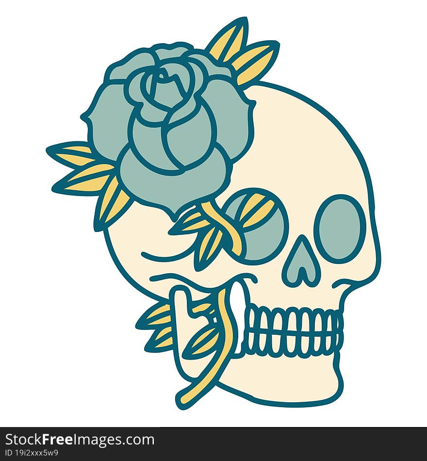 tattoo style icon of a skull and rose