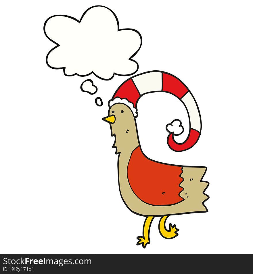 cartoon chicken in funny christmas hat with thought bubble