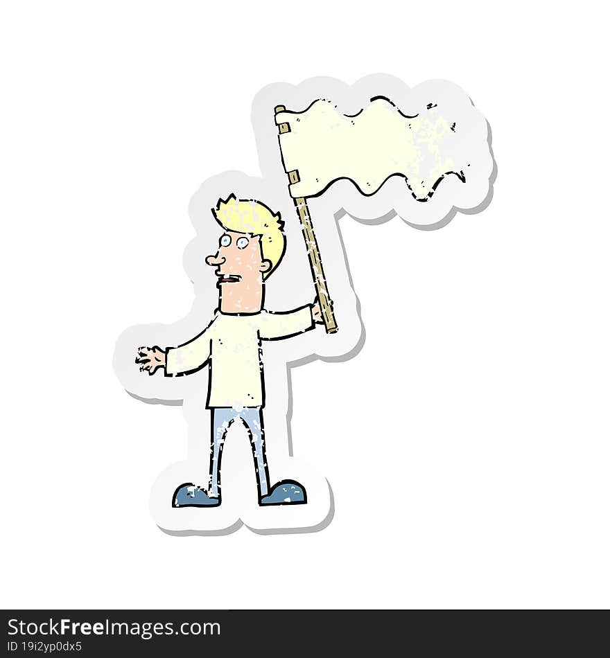 retro distressed sticker of a cartoon man waving white flag