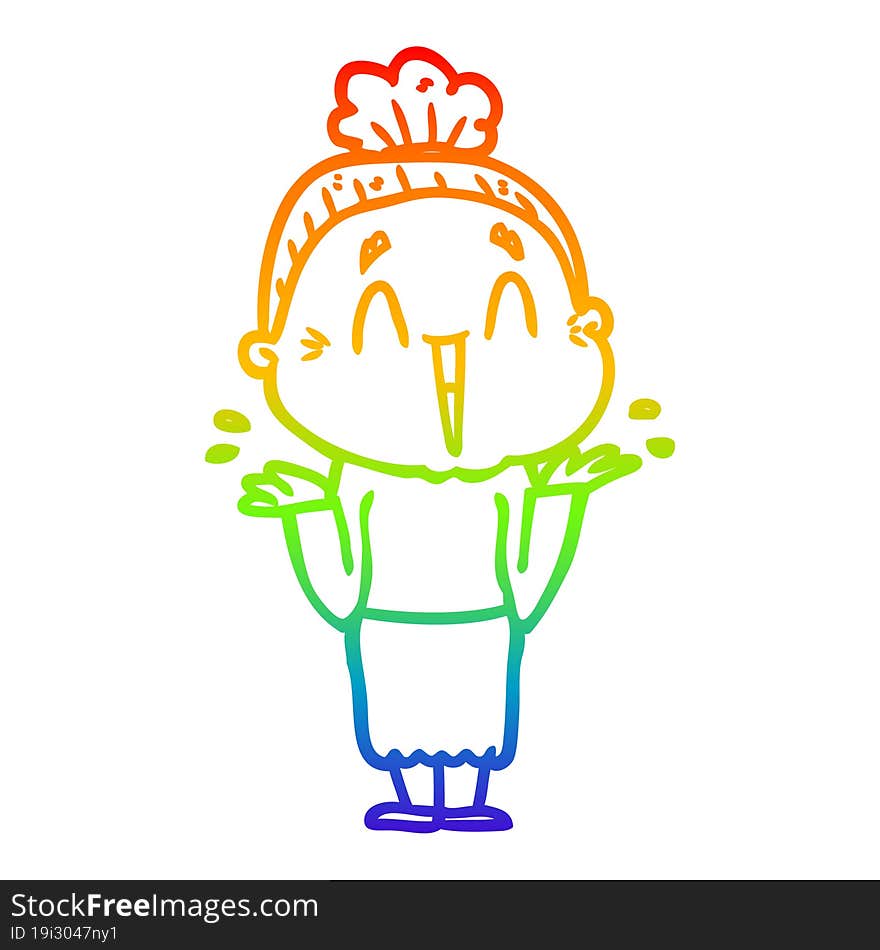 rainbow gradient line drawing of a cartoon happy old lady