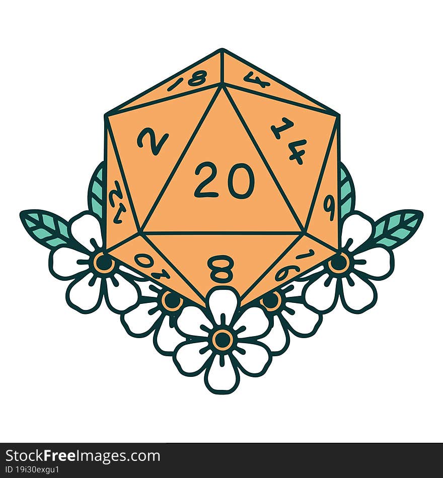 Natural 20 D20 Dice Roll With Floral Elements Illustration