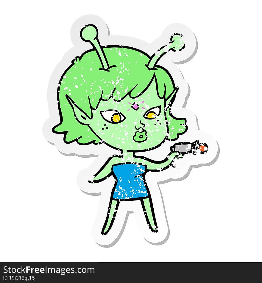 Distressed Sticker Of A Pretty Cartoon Alien Girl