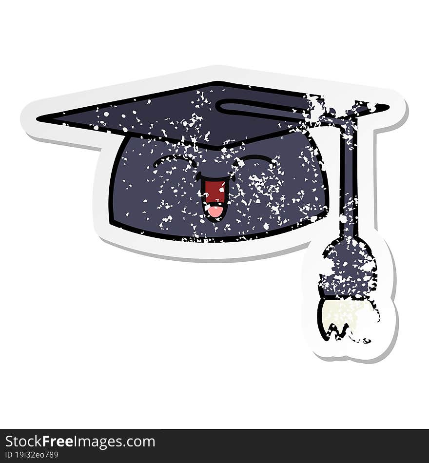 distressed sticker of a cute cartoon graduation hat