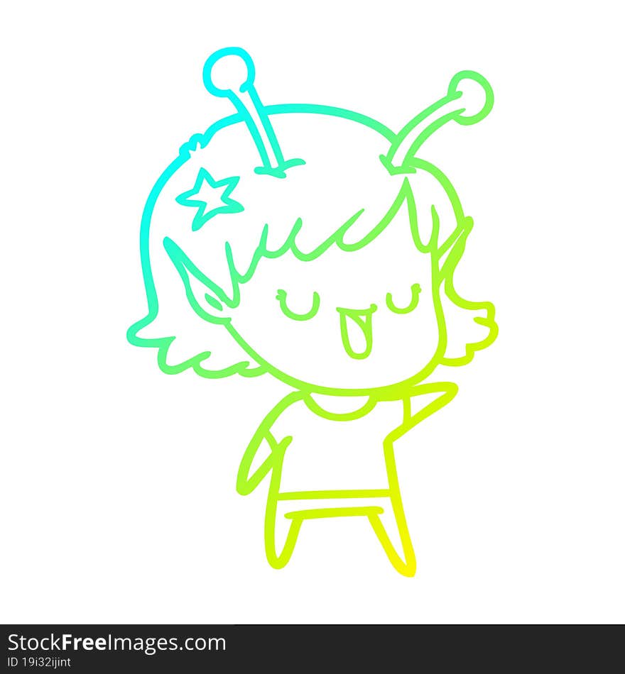 Cold Gradient Line Drawing Happy Alien Girl Cartoon