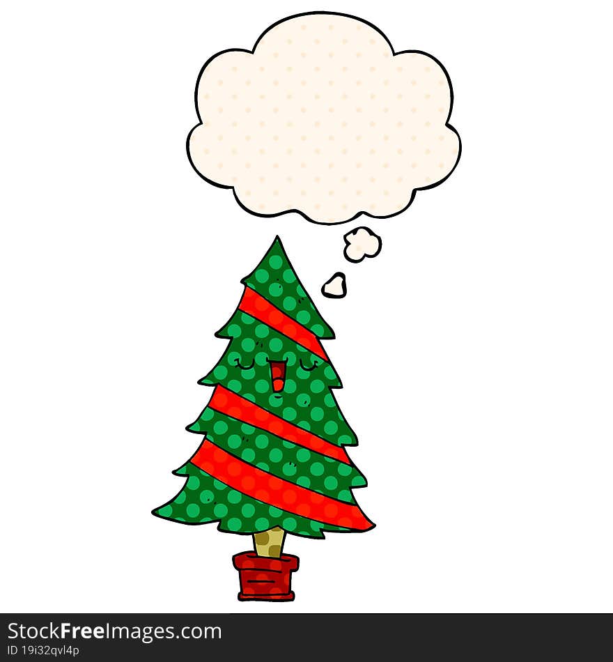 Cartoon Christmas Tree And Thought Bubble In Comic Book Style