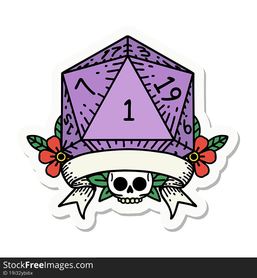 sticker of a natural one d20 dice roll. sticker of a natural one d20 dice roll