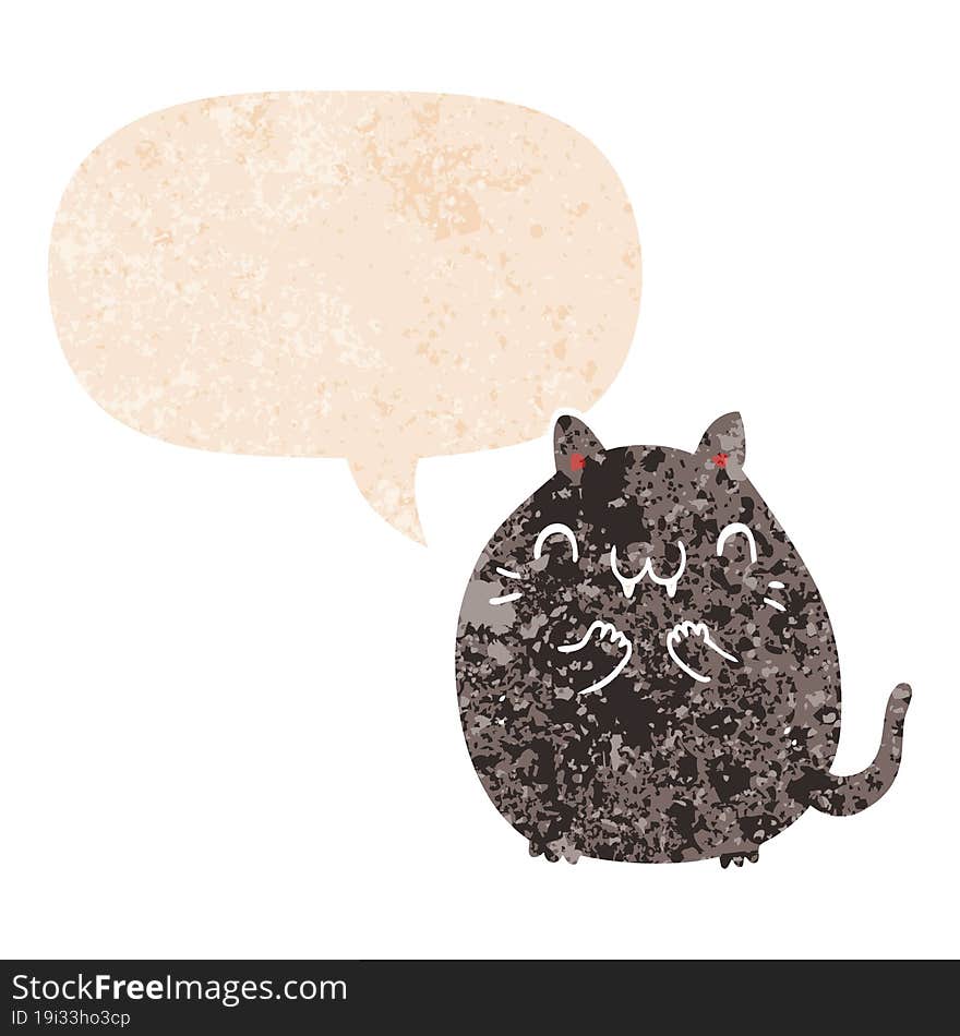 happy cartoon cat and speech bubble in retro textured style