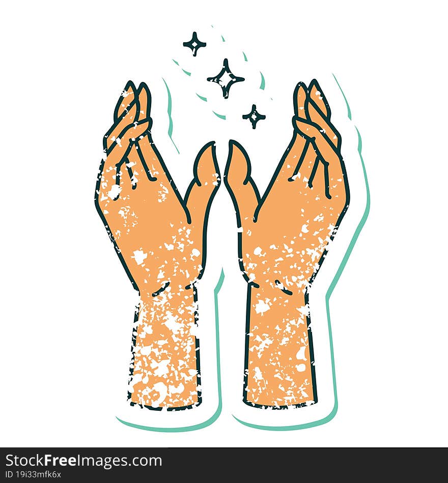 distressed sticker tattoo style icon of mystic hands