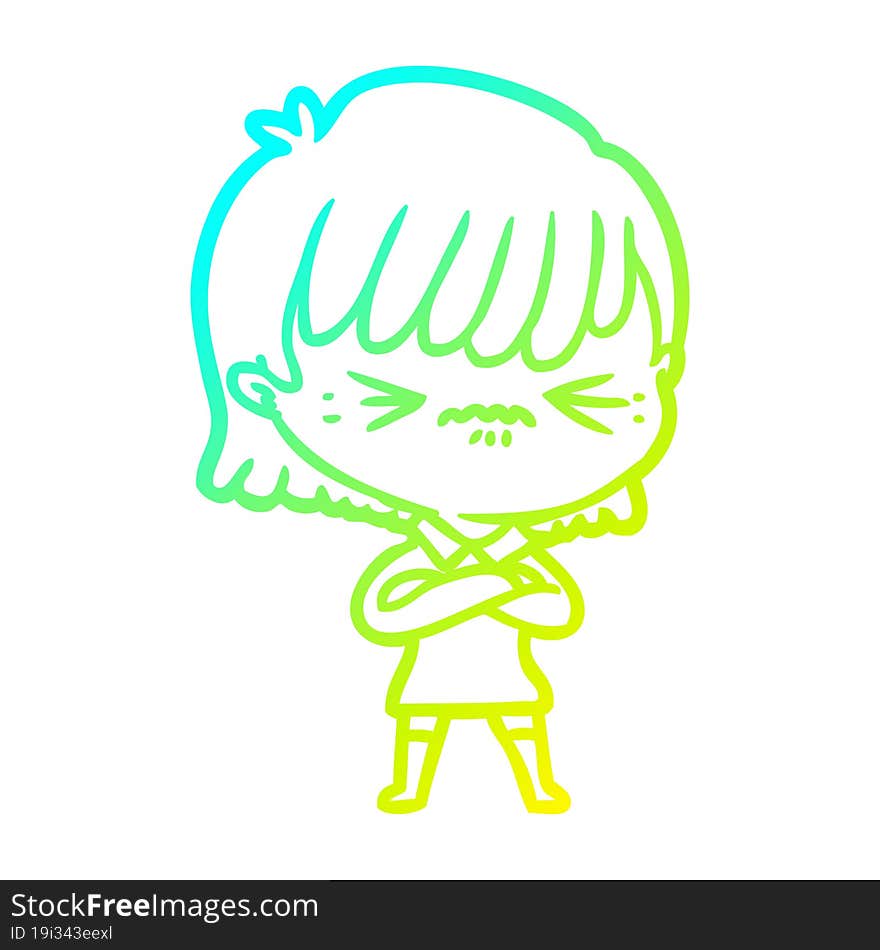 Cold Gradient Line Drawing Annoyed Cartoon Girl