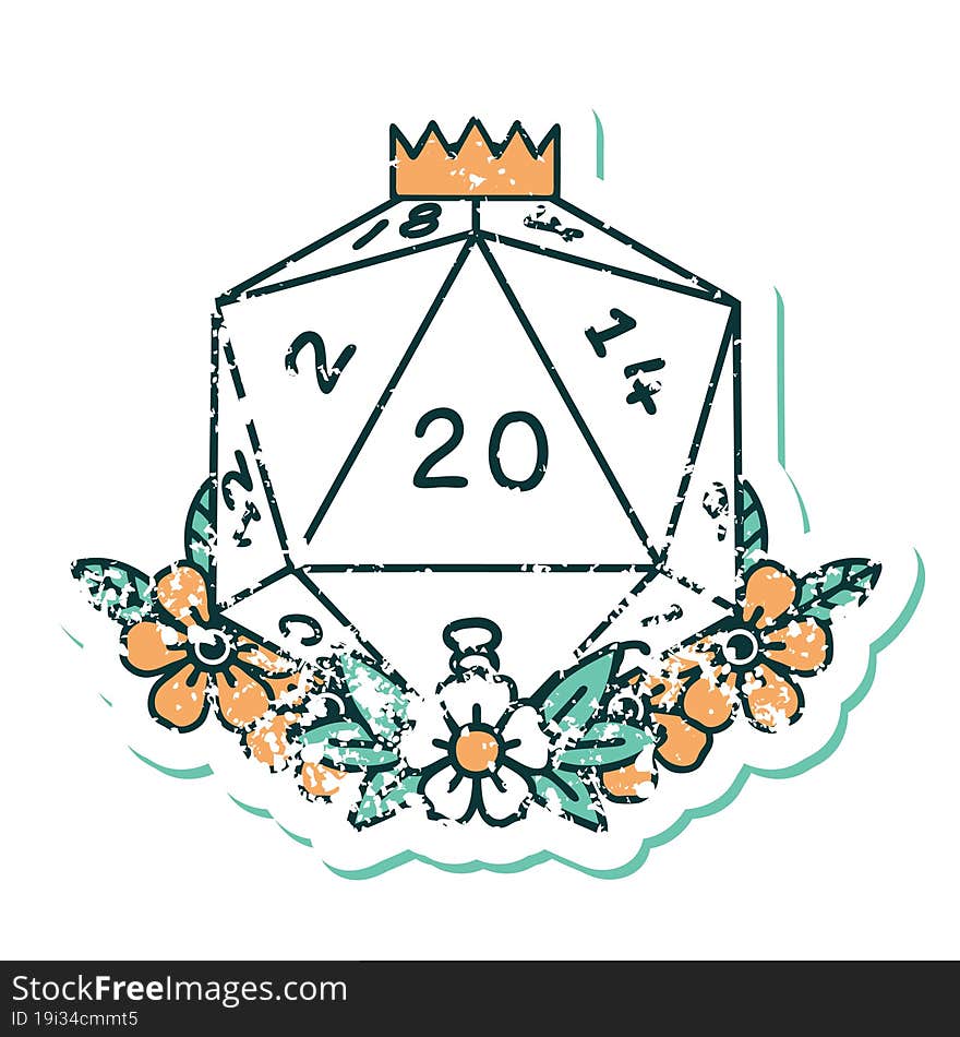 iconic distressed sticker tattoo style image of a d20. iconic distressed sticker tattoo style image of a d20