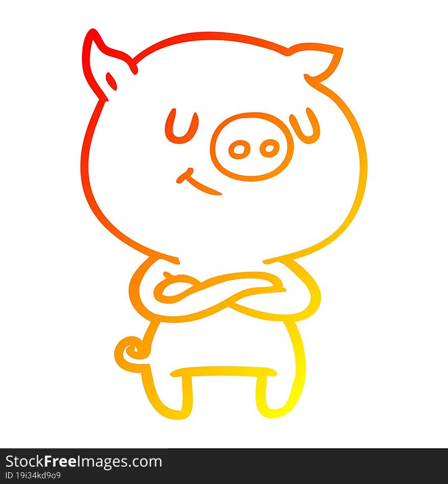 warm gradient line drawing of a happy cartoon pig with crossed arms