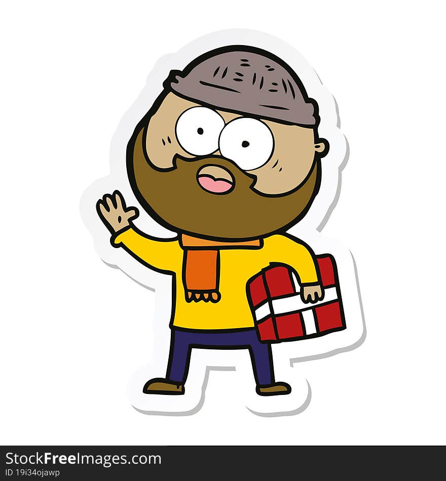 sticker of a cartoon bearded man with present