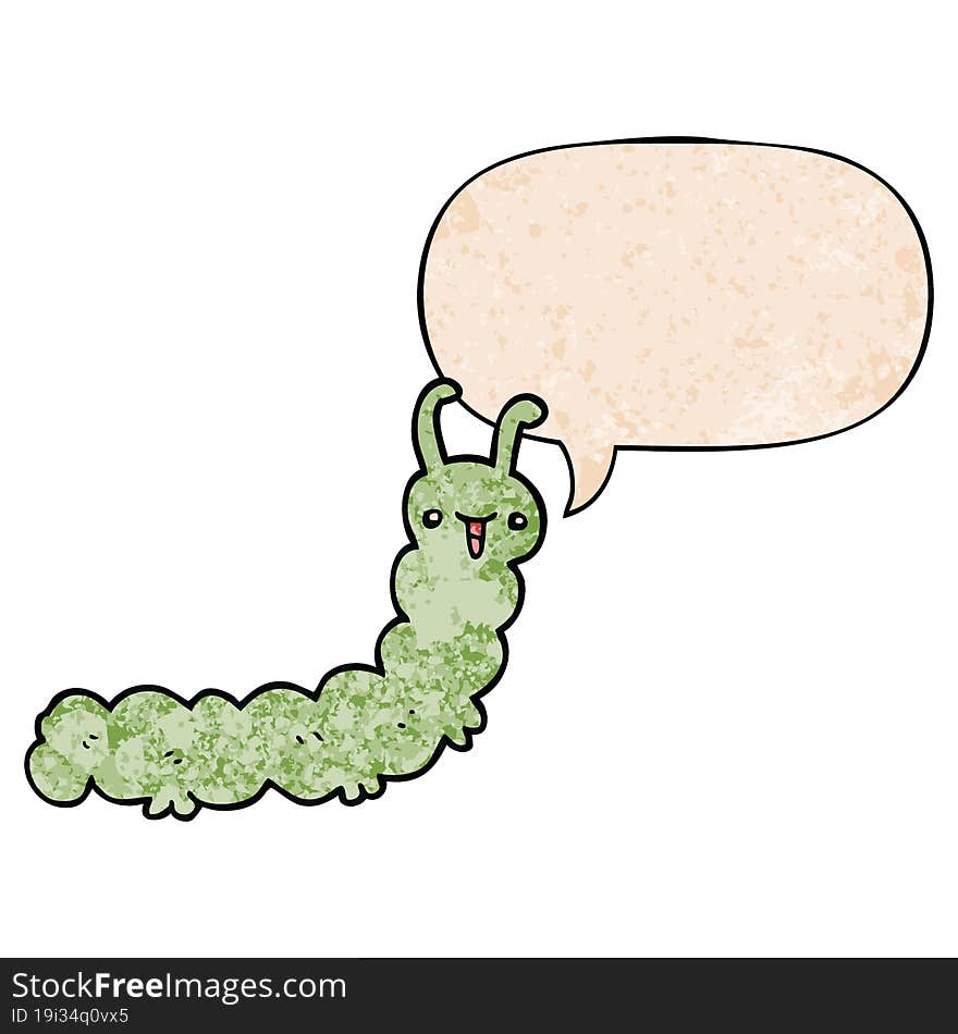 cartoon caterpillar and speech bubble in retro texture style