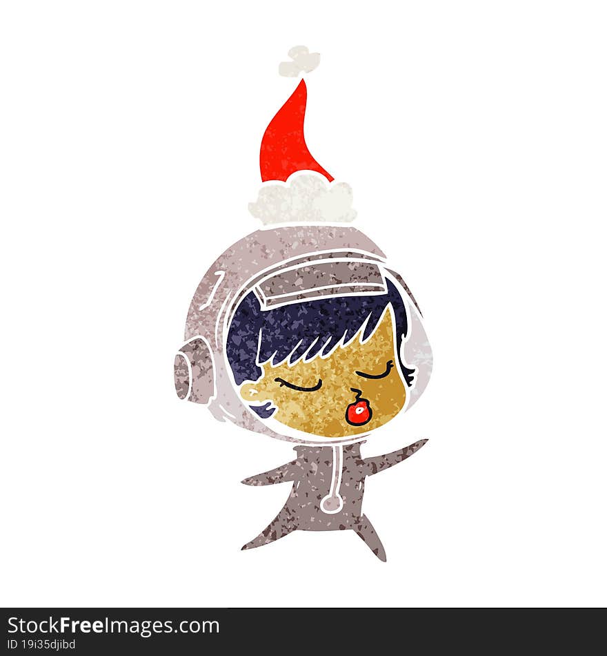 retro cartoon of a pretty astronaut girl wearing santa hat