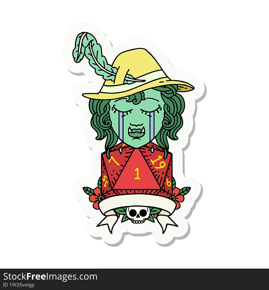 crying orc bard character with natural one D20 roll sticker