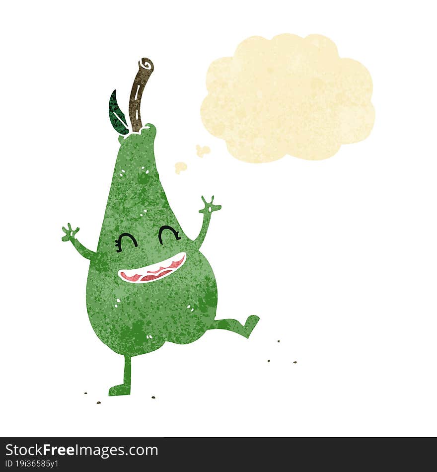 cartoon happy dancing pear with thought bubble