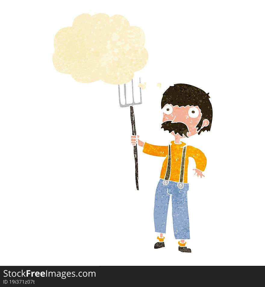 cartoon farmer with pitchfork with thought bubble