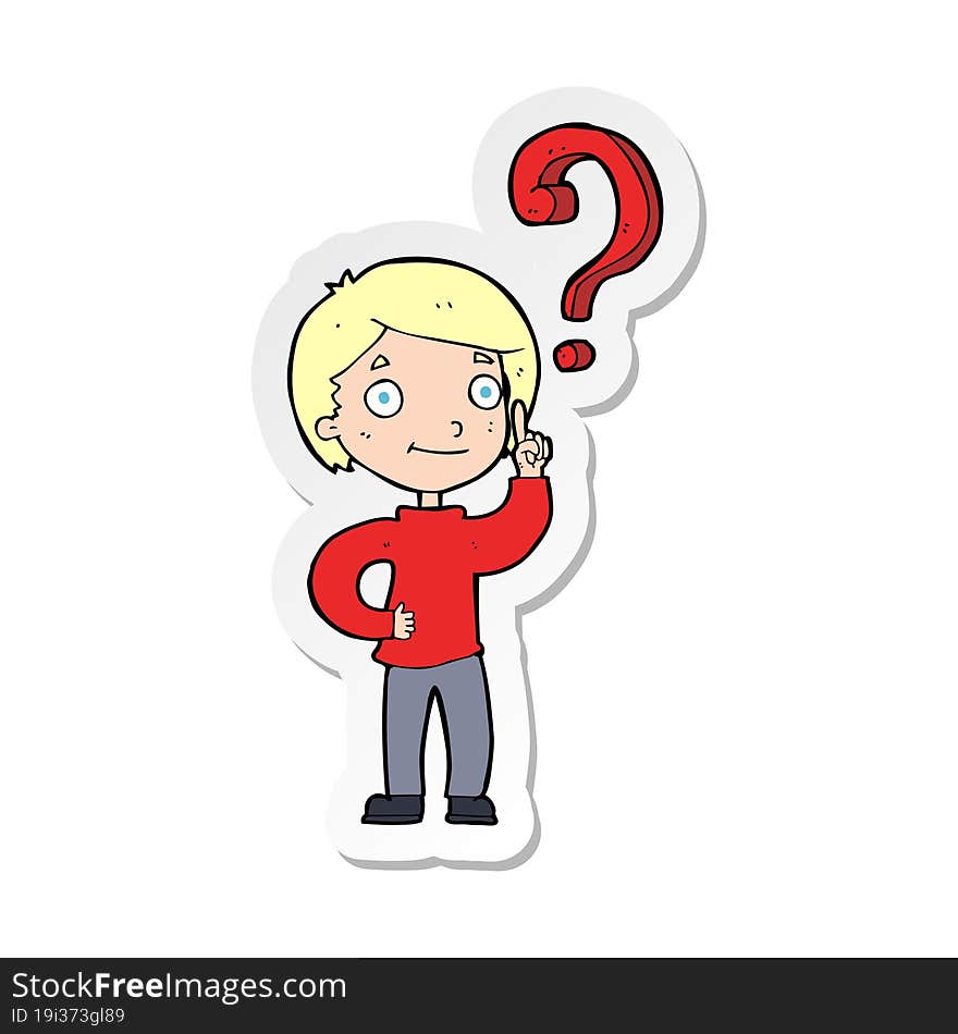 sticker of a cartoon boy asking question