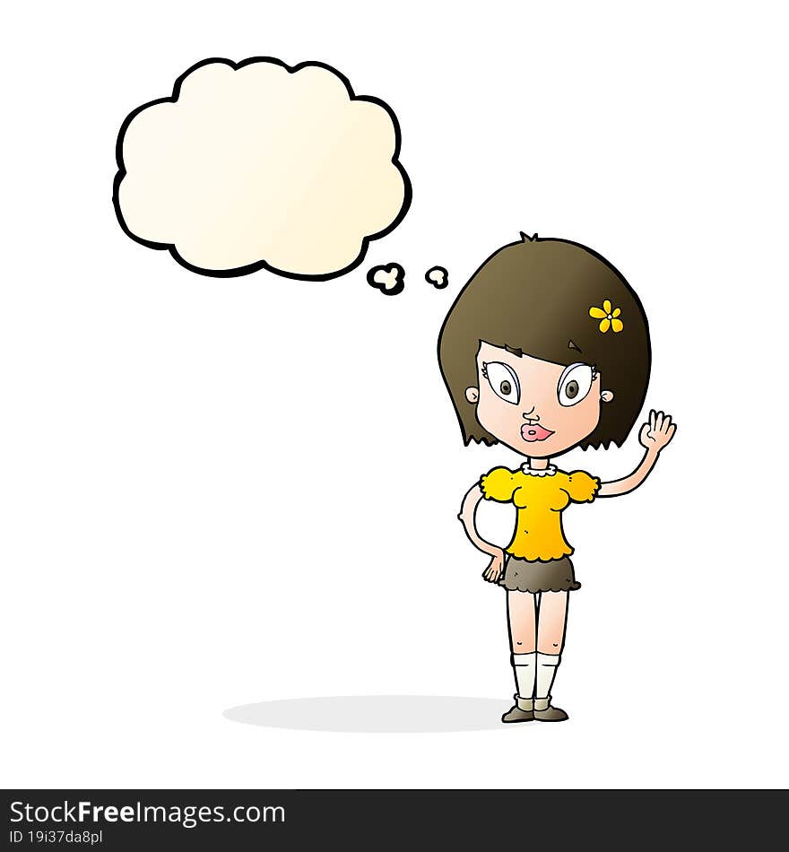 cartoon pretty girl waving with thought bubble