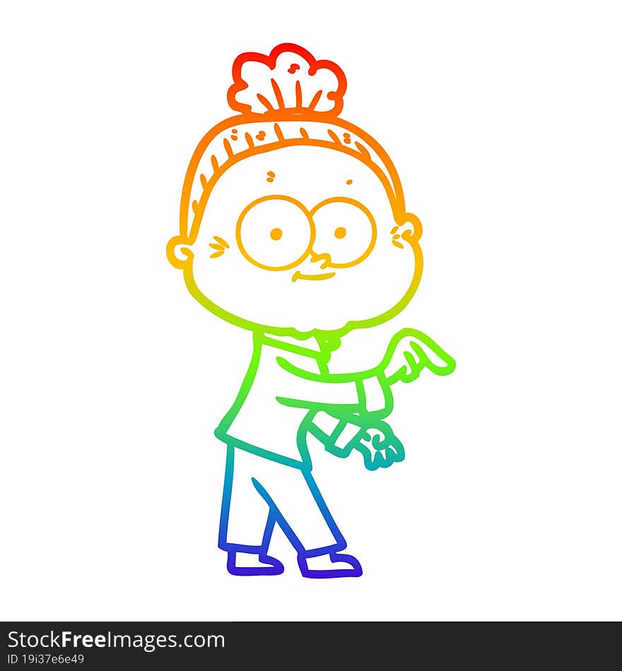 rainbow gradient line drawing of a cartoon happy old woman