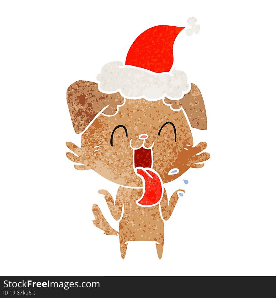 Retro Cartoon Of A Panting Dog Shrugging Shoulders Wearing Santa Hat