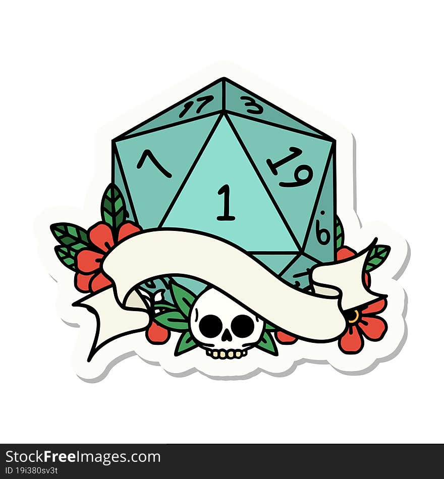 sticker of a natural one d20 dice roll. sticker of a natural one d20 dice roll