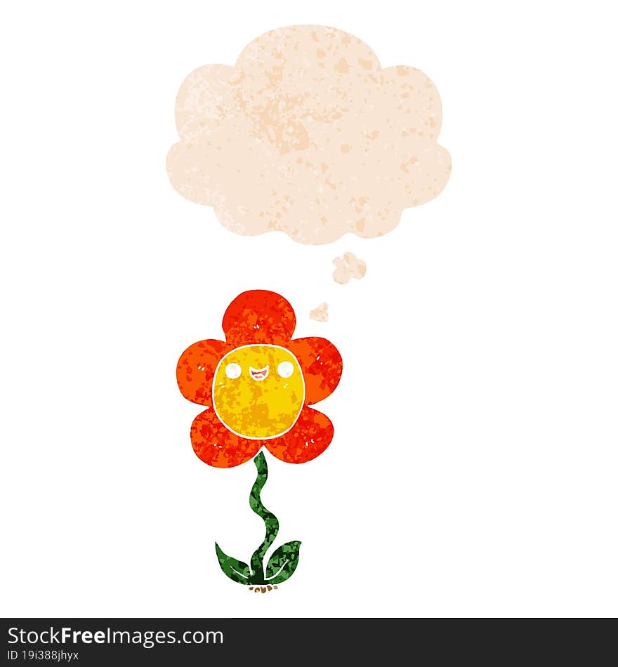 cartoon flower and thought bubble in retro textured style