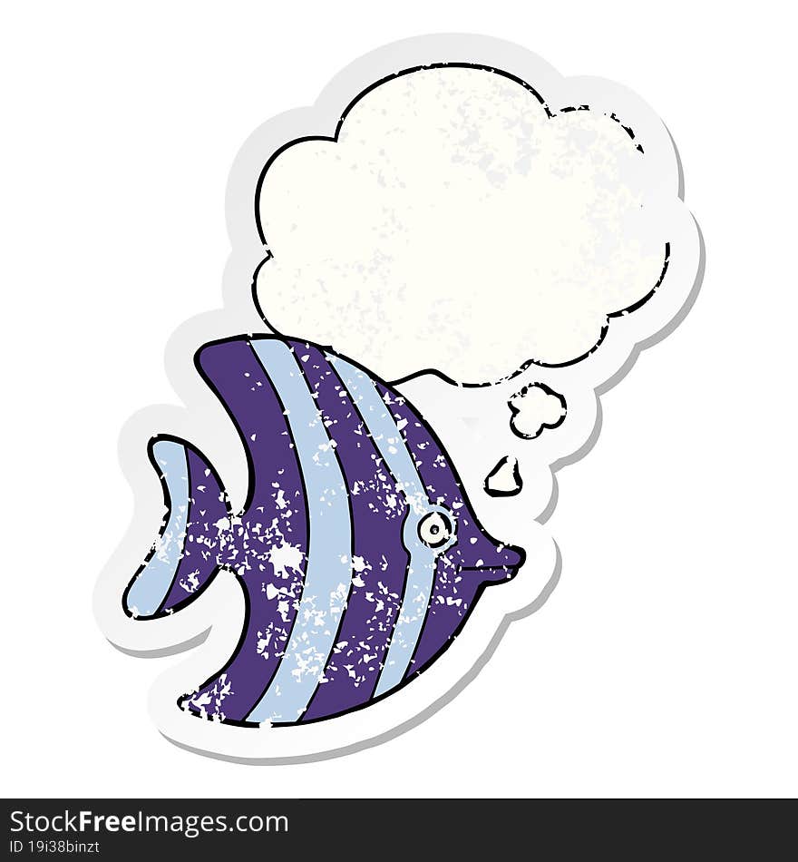 cartoon angel fish and thought bubble as a distressed worn sticker