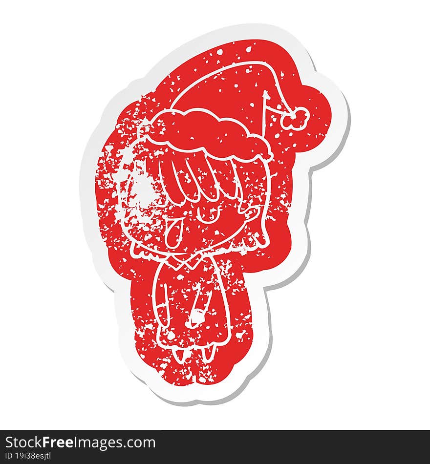 cartoon distressed sticker of a woman wearing santa hat